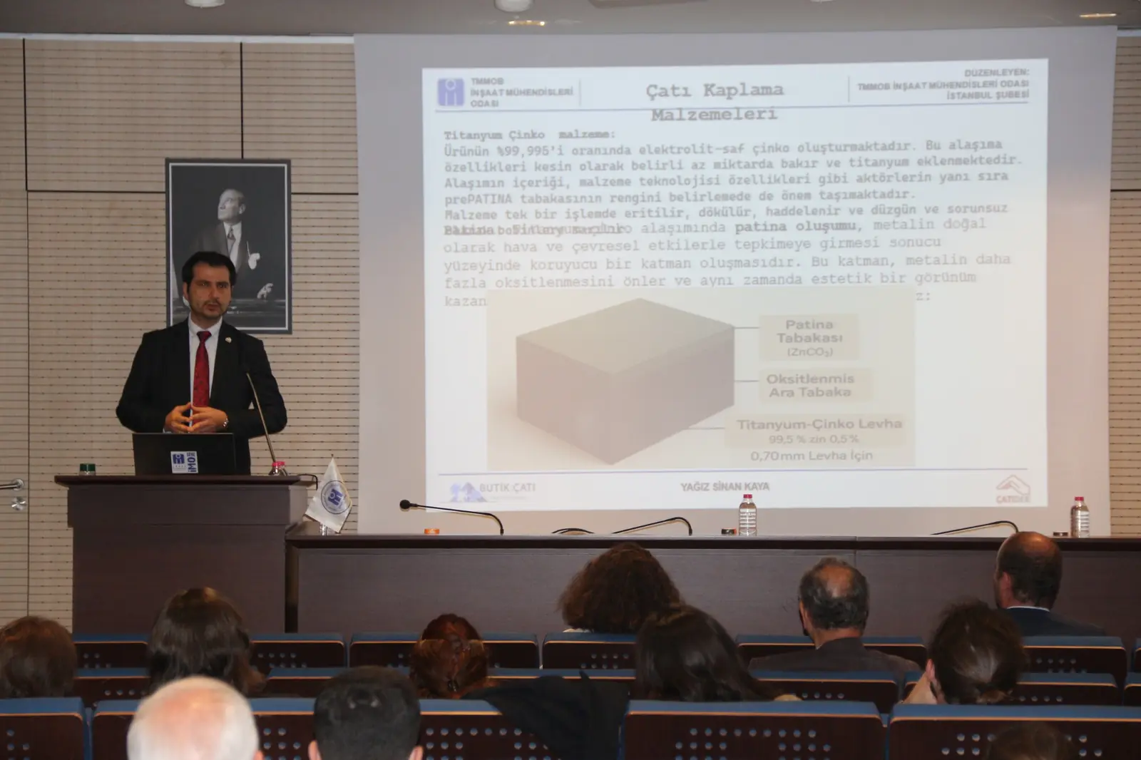 Yağız Sinan Kaya presenting titanium zinc roofing at the From Roof to Summit training organised by the Istanbul Branch of the Chamber of Civil Engineers